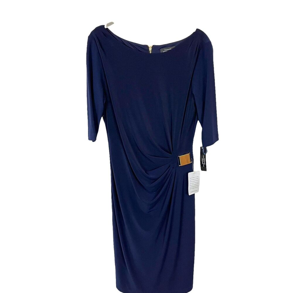 Tahari ASL Sheath Dress Womens Navy Gathered Boat Neck Jersey Flattering Size 6